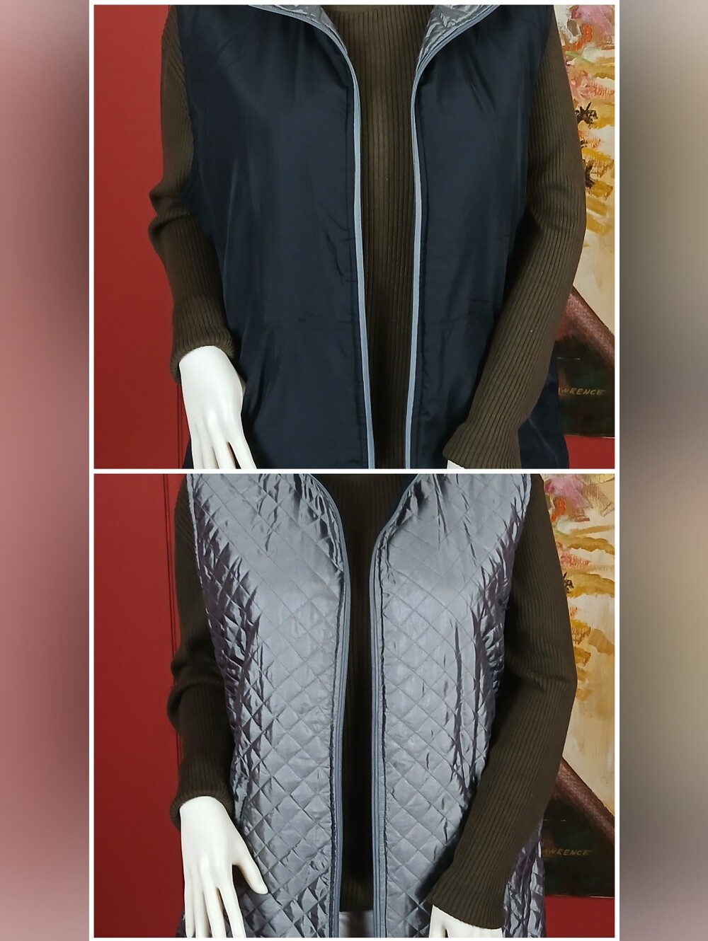 Reversible Quilted Puffer Vest Black & Shiny Grey Metallic Size XL / 1X